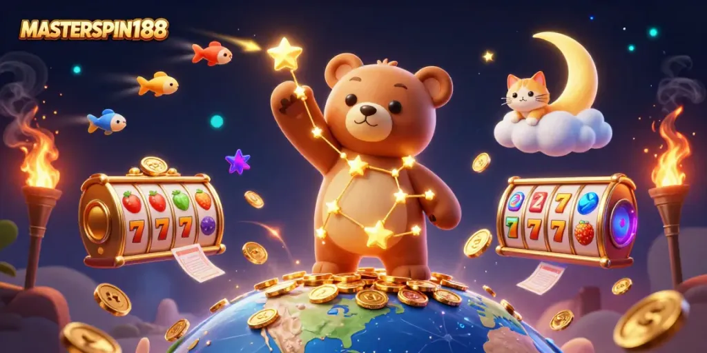 Engage with MASTERSPIN188's vibrant gaming universe featuring dynamic casino elements and characters.