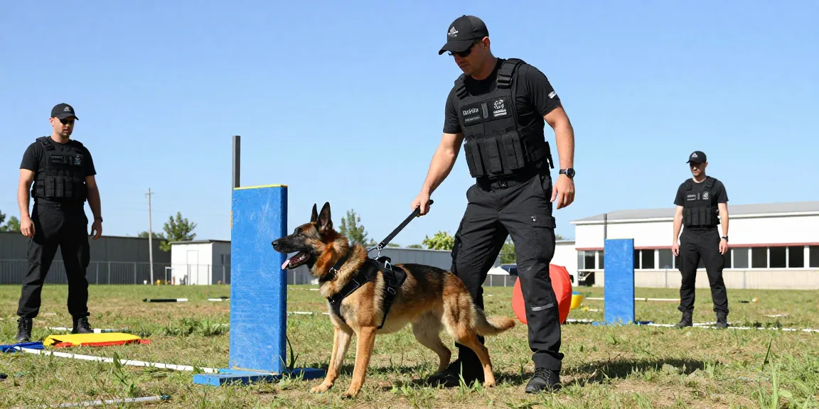 Professional K9 training at rokok88's tactical gear facility with handler and dog.