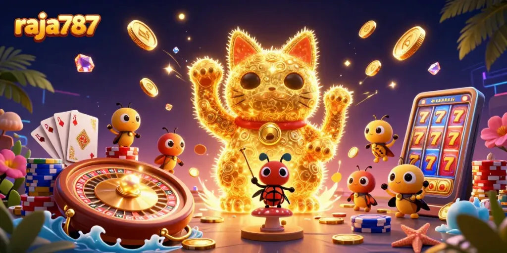 Raja787 mempersembahkan kucing keberuntungan raksasa dengan cahaya gemerlap dan koin emas dalam ilustrasi kasino menawan.