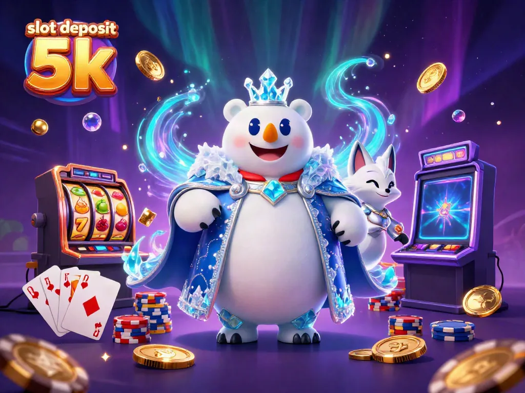 Slot deposit 5k menunjukkan slot mesin dengan karakter beruang kutub dan rubah bersinar dalam ilustrasi kasino yang menakjubkan.