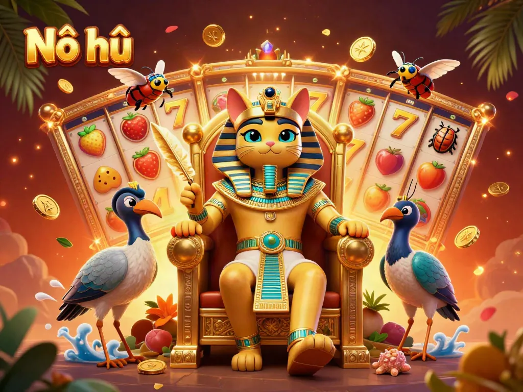 Nổ hũ - Enjoy vibrant slot games with the Egyptian pharaoh cat and scribe in a colorful casino illustration.