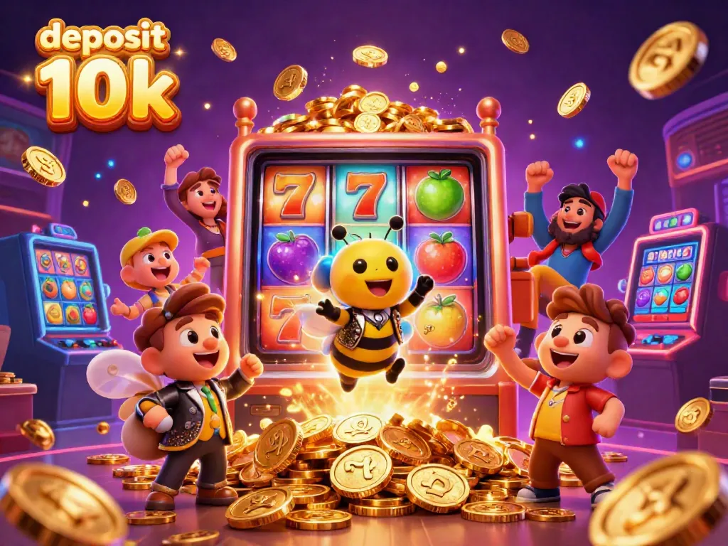 Slot Depo 10K dengan karakter bermain slot dan koin emas bertebaran, meriah dan penuh kegembiraan.