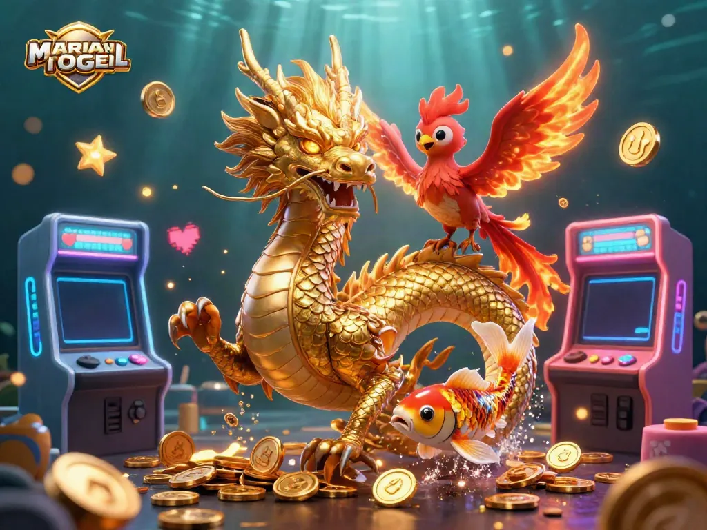Experience exhilarating wins with MARIATOGEL, the leading online lottery platform, featuring a dynamic dragon and phoenix scene.