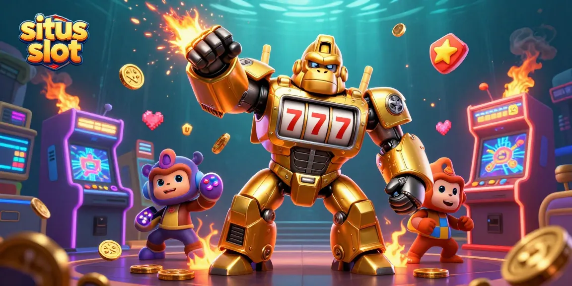 Menggambarkan situs slot dengan karakter gorila emas raksasa dari mesin slot, dan mesin permainan berwarna 3D