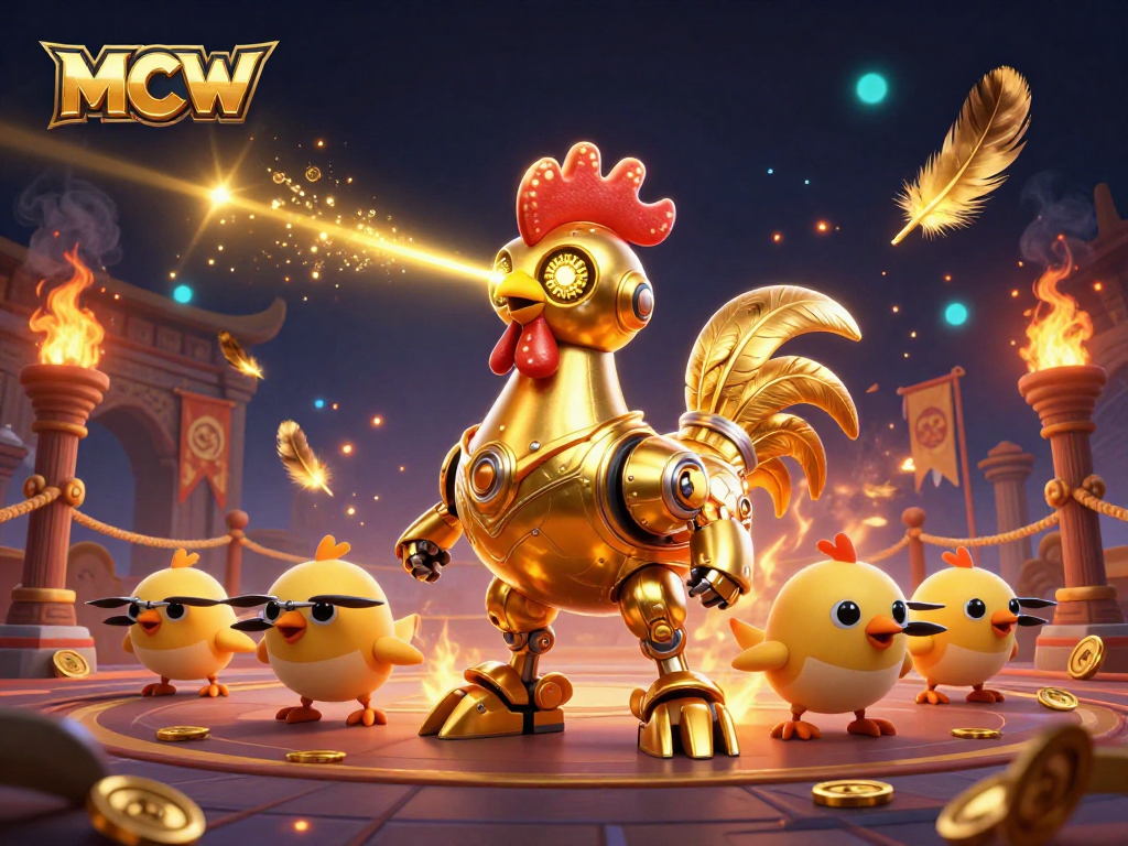 Engage in MCW's vibrant casino experience with dynamic golden rooster robot and baby chick drones.