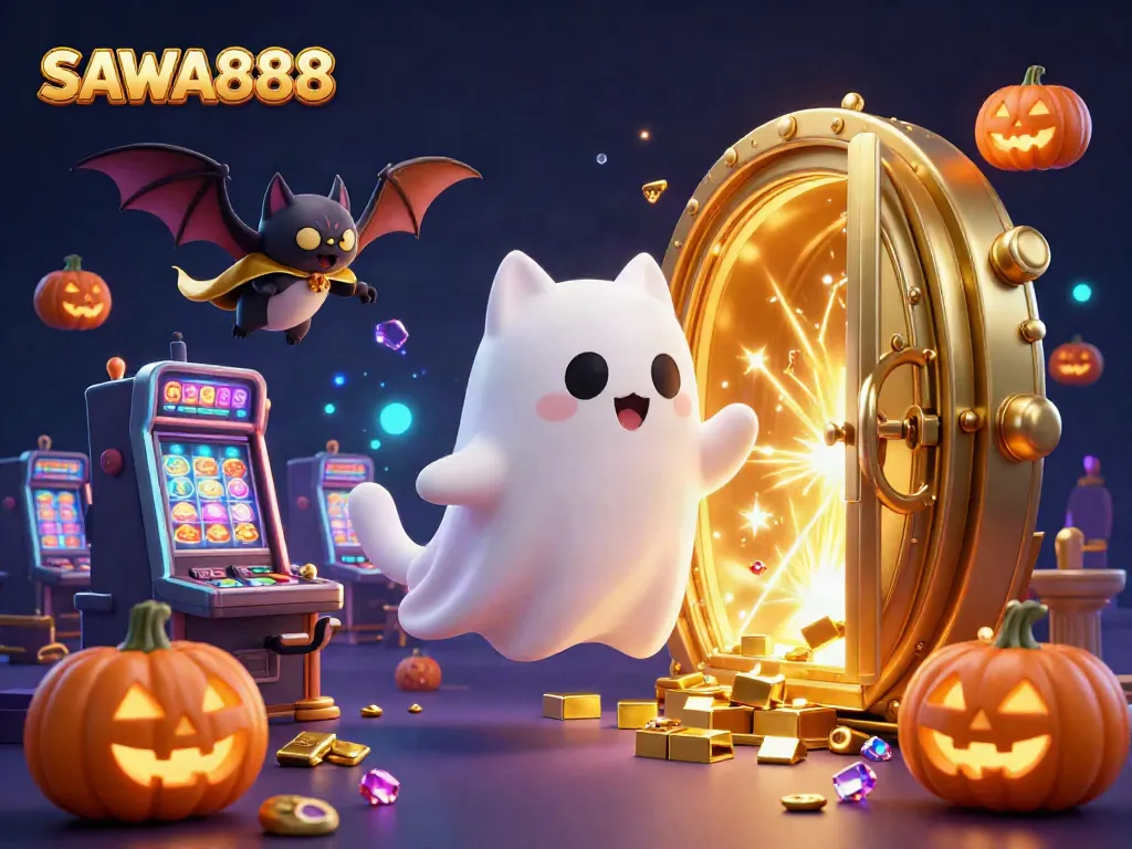 Experience exciting slots action at SAWA888 casino with a friendly ghost cat and treasures around!
