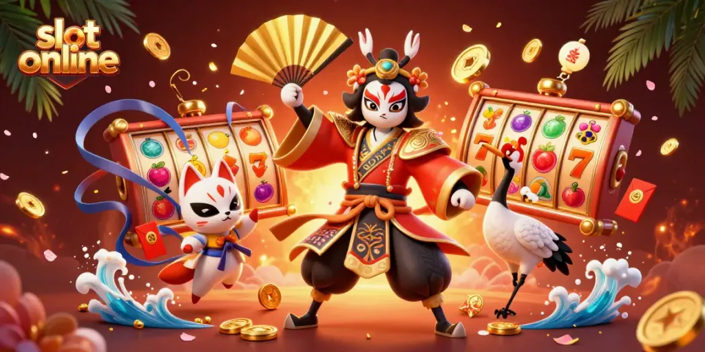 Mainkan slot online dengan karakter dan elemen menarik dalam ilustrasi 3D berwarna cerah.