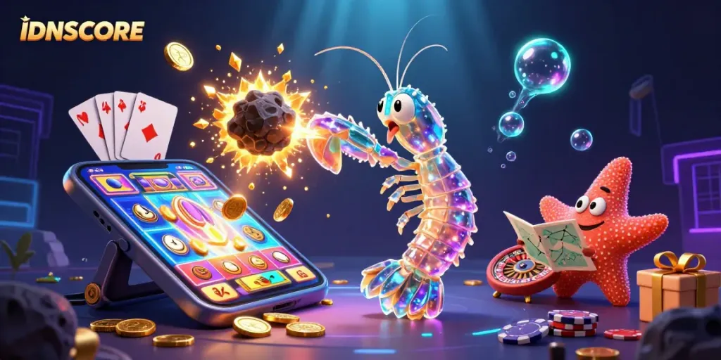IDNSCORE features a vibrant galactic samurai mantis shrimp amid golden gems, showcasing a thrilling gaming experience.
