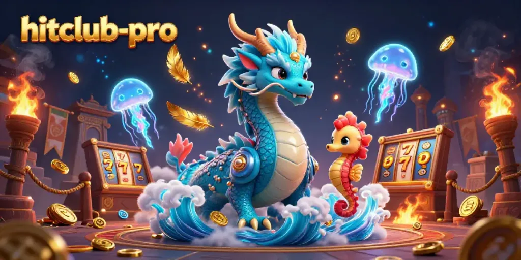 Engage with hitclub-pro in a vibrant casino scene featuring a majestic water dragon and exciting jackpot elements.