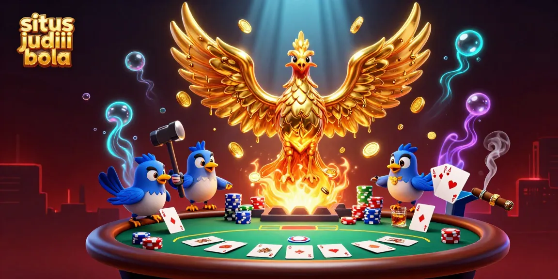 Melihat situs judi bola dengan phoenix emas dan elemen kasino menarik di dalam ilustrasi 3D.