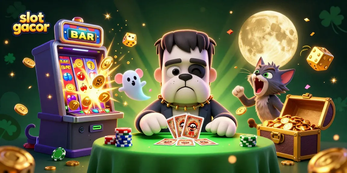 Permainan slot gacor menampilkan anjing Frankenstein 3D yang menarik kartu di meja hijau, dengan efek jackpot.