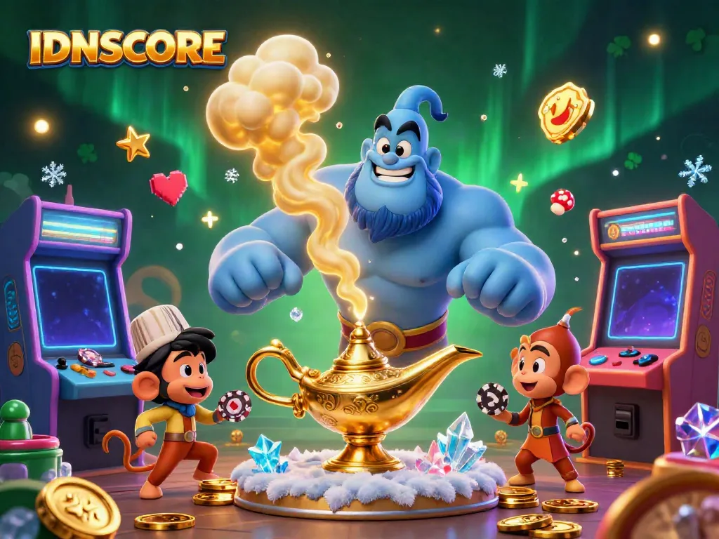 Experience IDNSCORE with a vibrant 3D casino-themed scene featuring a genie, monkey, and magic carpet.