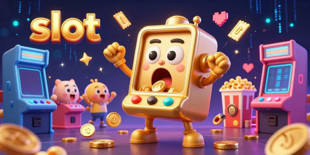 Exciting slot machine scene as the golden slot hits a jackpot, surrounded by cheering mini machines.