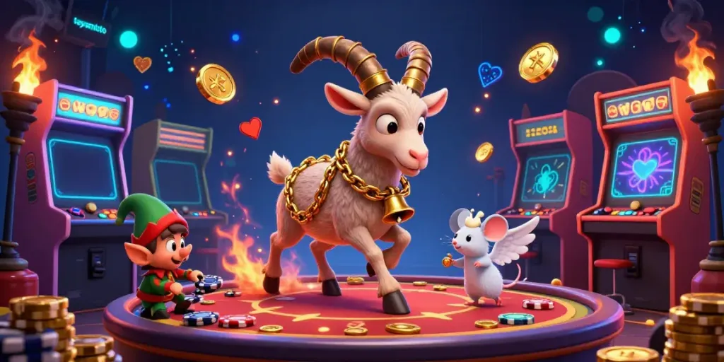 Experience the thrill of Taysentoto with Krampus and angels in a vibrant casino scene.