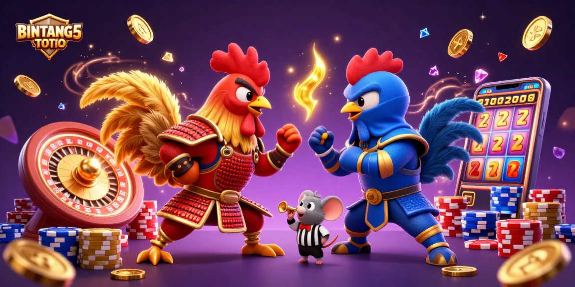 BINTANG5TOTO showcases a dynamic 3D scene with fighting roosters and golden casino elements in a vivid standoff.