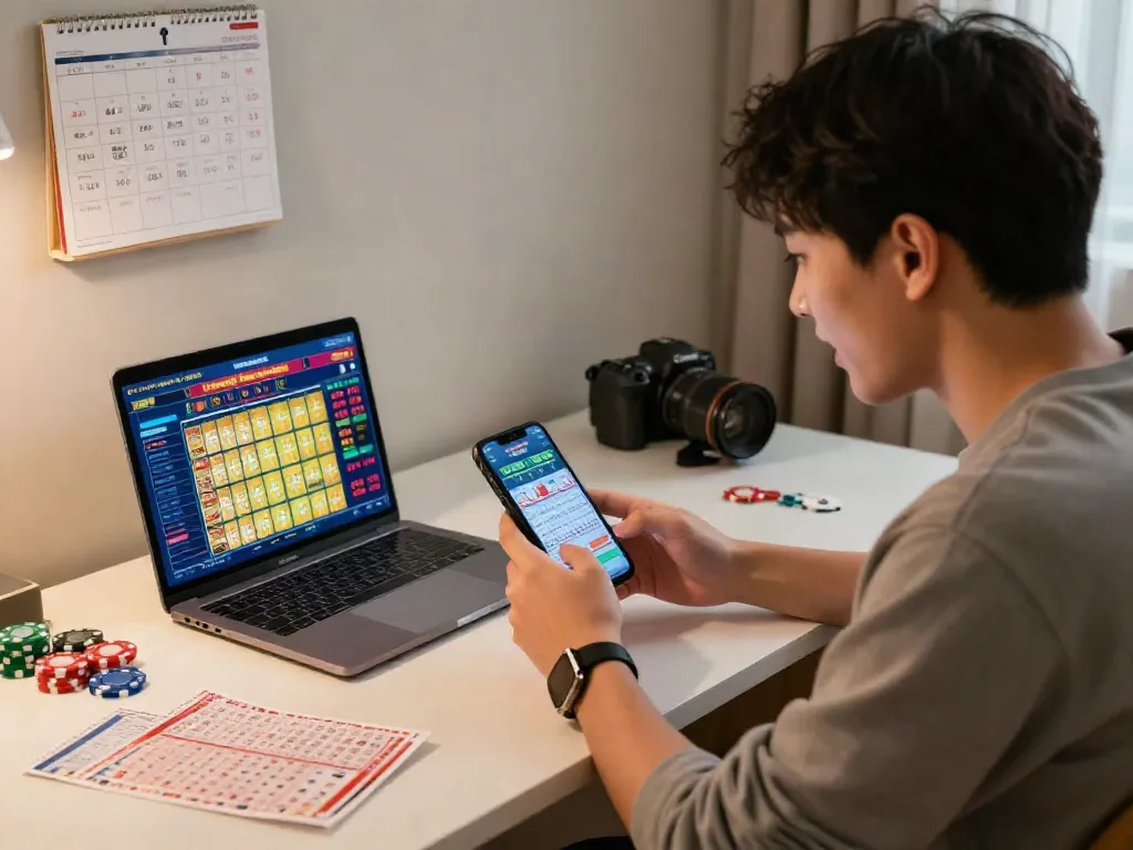 Pengguna Bandar Toto Macau memeriksa hasil live dengan laptop dan tiket lotere.