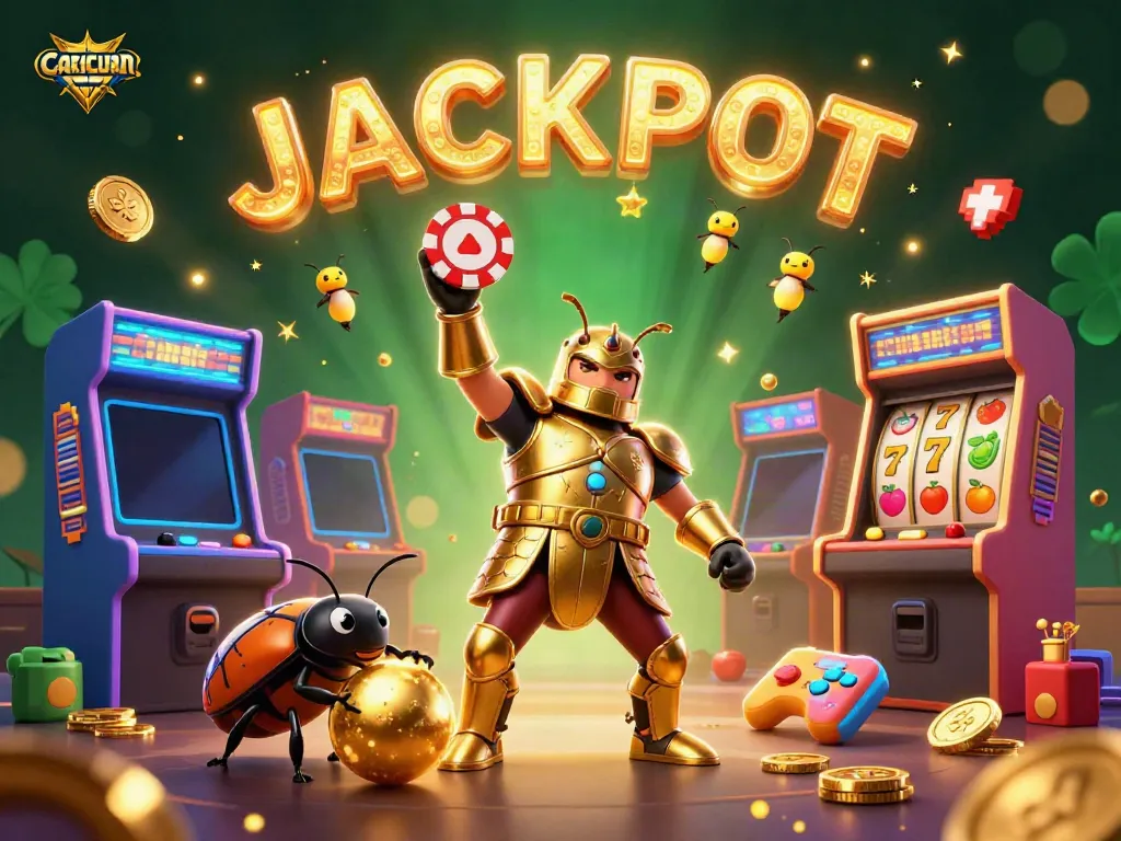Engage in CARICUAN's online slots with a victorious beetle lifting a poker chip amidst vibrant casino elements.