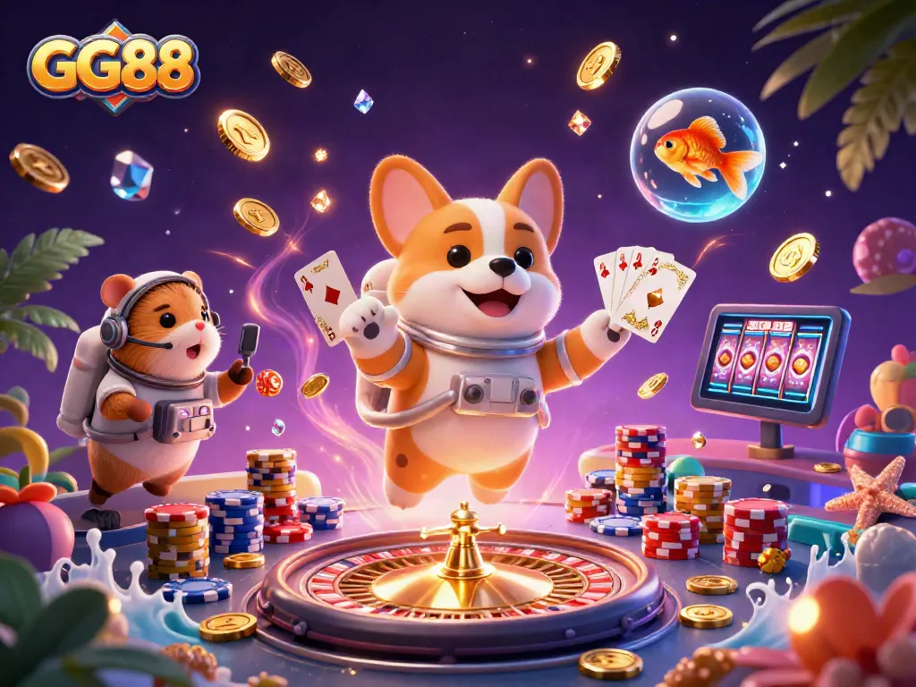 GG88 casino experience featuring a floating corgi astronaut amidst colorful gaming elements.