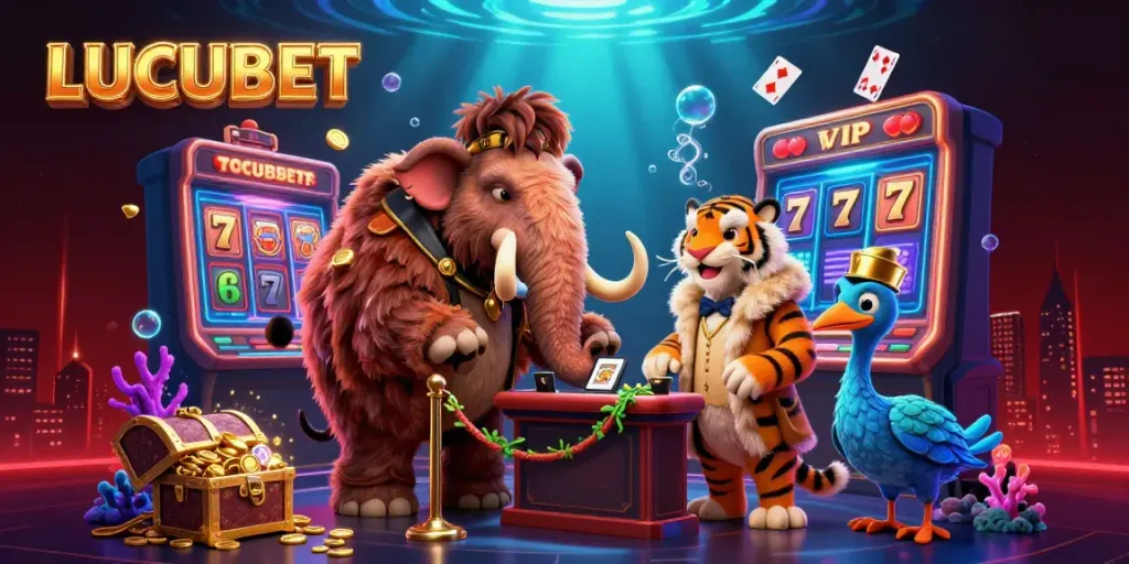 LUCUBET vibrant casino scene with engaging characters and exciting game elements exploding into action.