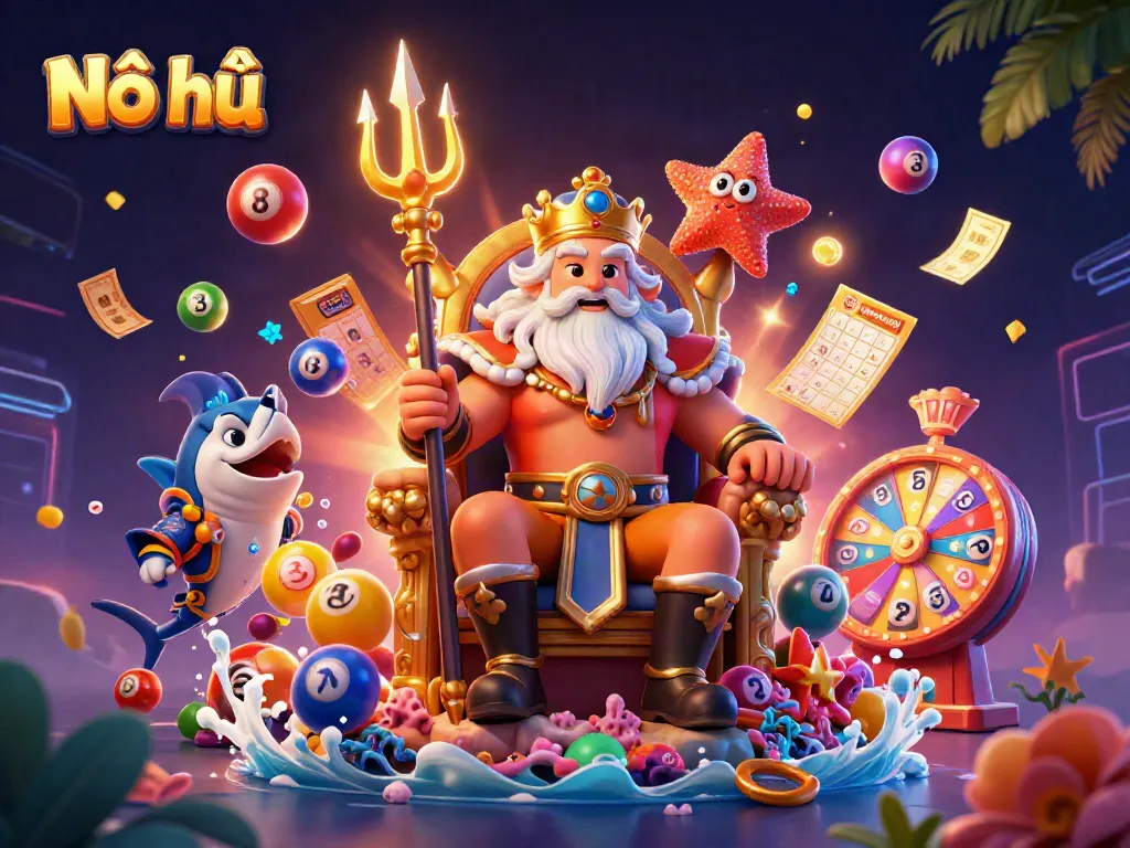 Engage in the fun of Nổ hũ with a vibrant, energetic scene featuring Neptune and gaming elements.