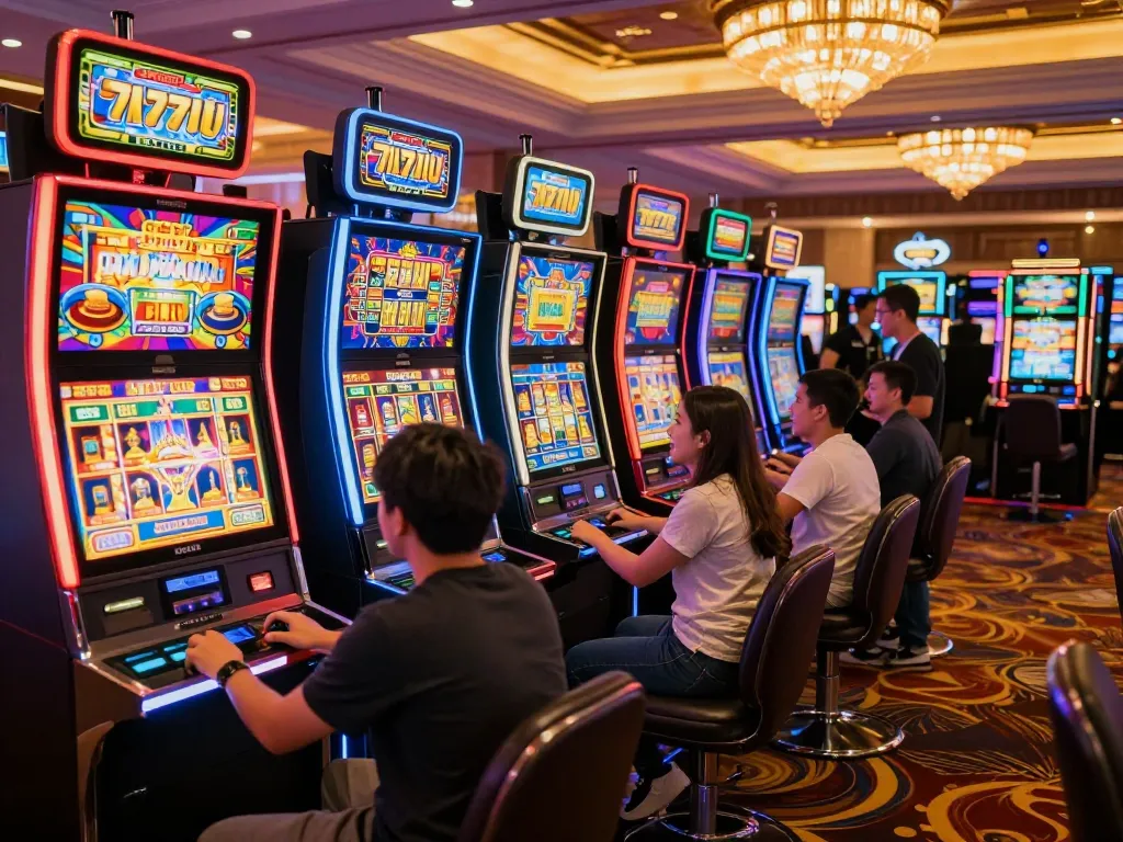 Players enjoying lively slot777 gameplay with colorful machines and jackpot displays in a vibrant casino atmosphere.