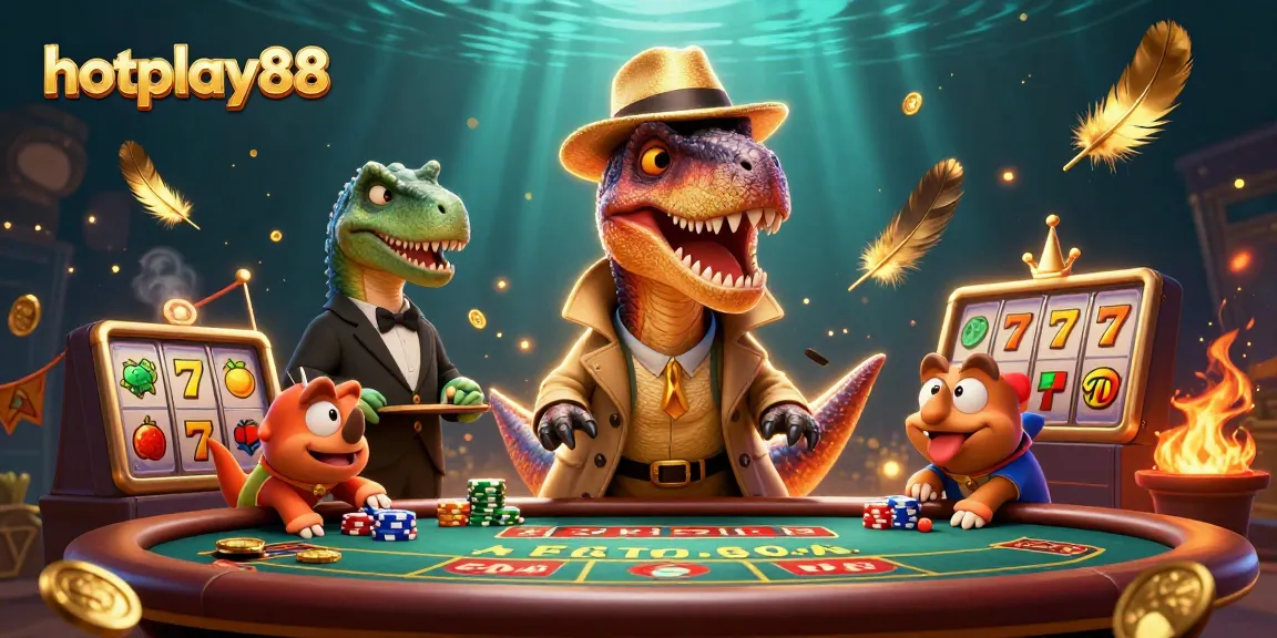 karakter utama hotplay88 bermain slot dengan RTP tinggi, suasana kasino yang menarik dan penuh warna