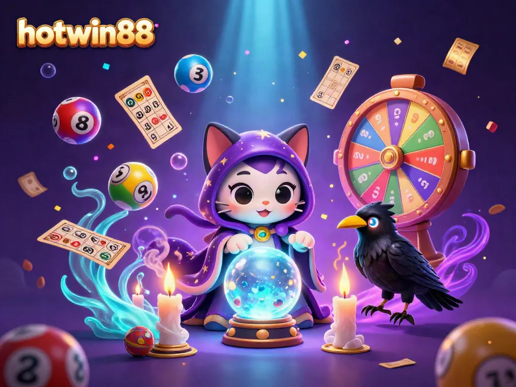 Experience the thrill of gaming with hotwin88 featuring a fortune teller cat and a tarot raven in a vibrant casino setting.