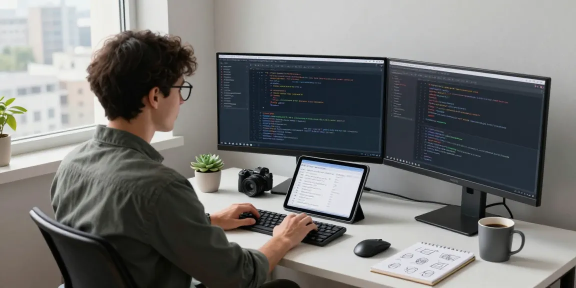 Developer coding with multiple screens showcasing link slots in a modern tech workspace