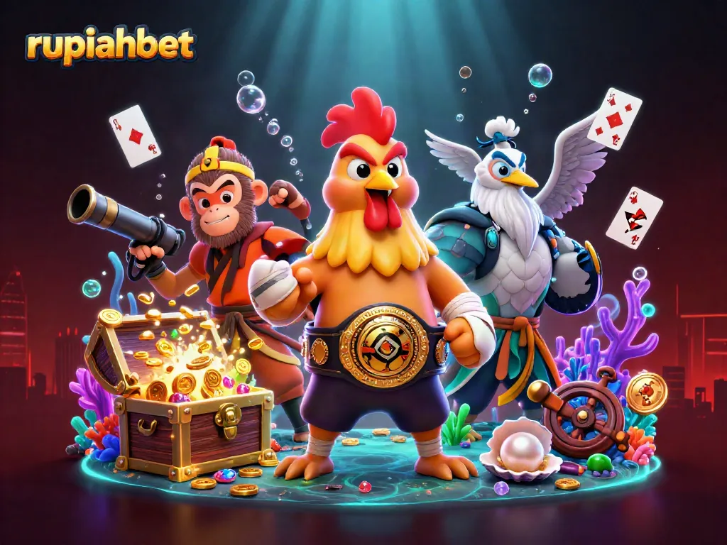 Engage with rupiahbet's vibrant casino scene featuring a Muay Thai rooster, a Shaolin monkey, and a wise crane amidst underwater treasures.