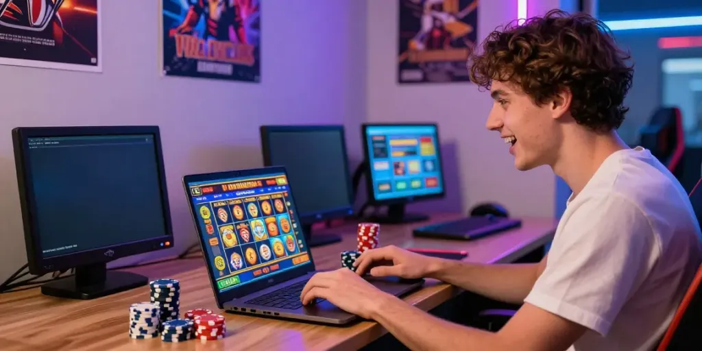 Visualisasi interaksi pengguna dengan bukumimpi138 saat bermain slot online, suasana ceria dengan elemen game digital.