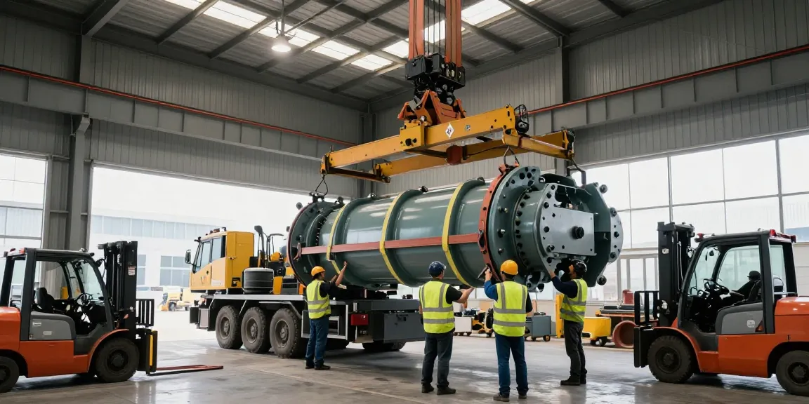 Machinery movers lifting heavy equipment in a warehouse with cranes and rigging tools.
