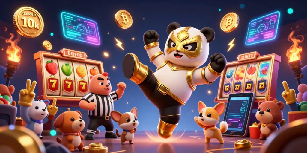 Slot Depo 10K menampilkan panda pegulat 3D bersenjatakan deposit 10k di tengah aksi yang mendebarkan.