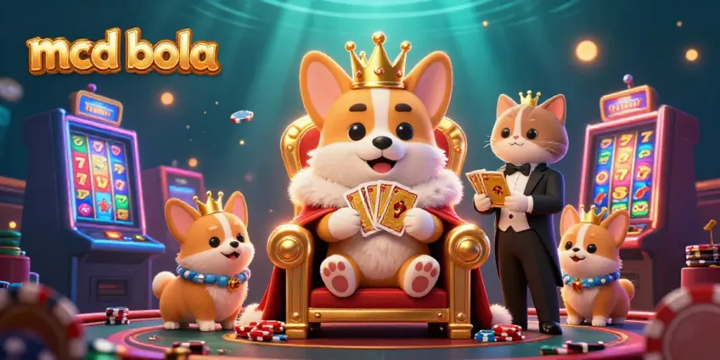 Ilustrasi seni 3D mcd bola menampilkan corgi kerajaan di atas tumpukan chip poker bersama pelayan kucing dan elemen kasino lainnya.