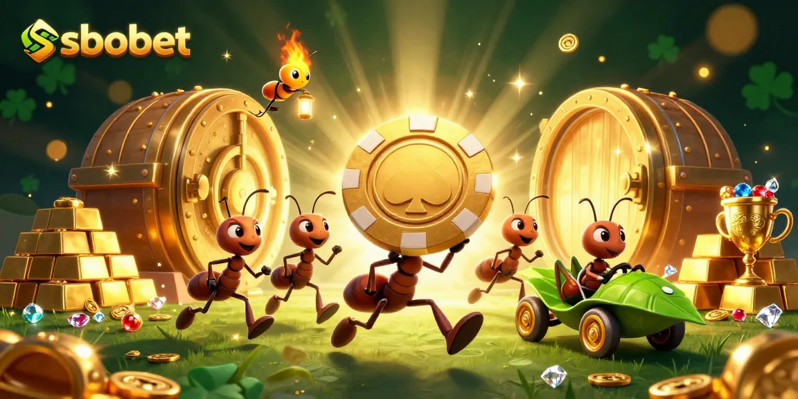 SboBet sports betting illustration featuring ants in a heist carrying a poker chip amid golden treasures.