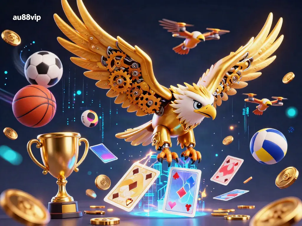Engage with the thrilling atmosphere of gambling at au88vip featuring a cybernetic eagle and dynamic sports action.