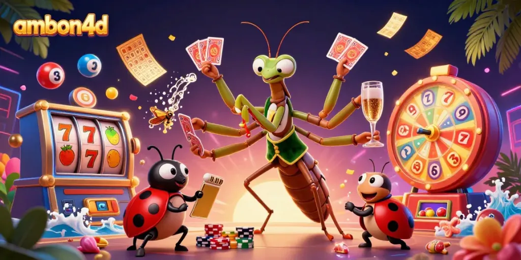 Experience the excitement of ambon4d with a vibrant 3D illustration of dynamic casino scenes featuring slots and engaging cartoon characters.