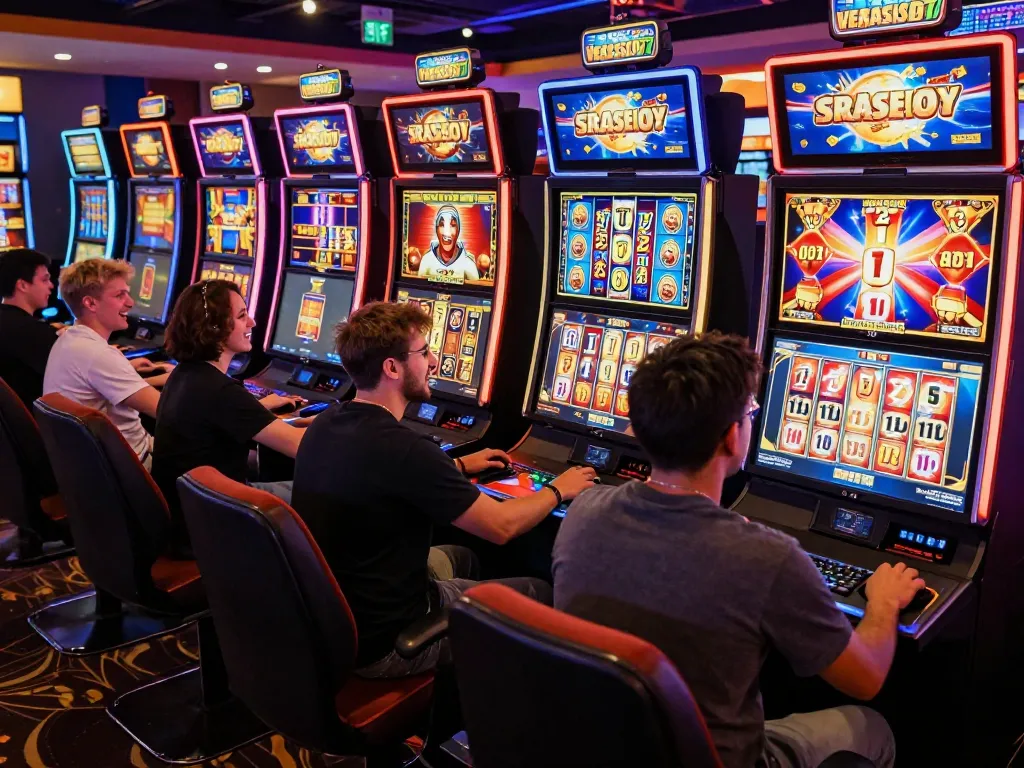 Excited players enjoying thrilling online slots on the vegasslot77 platform in a vibrant gaming environment.