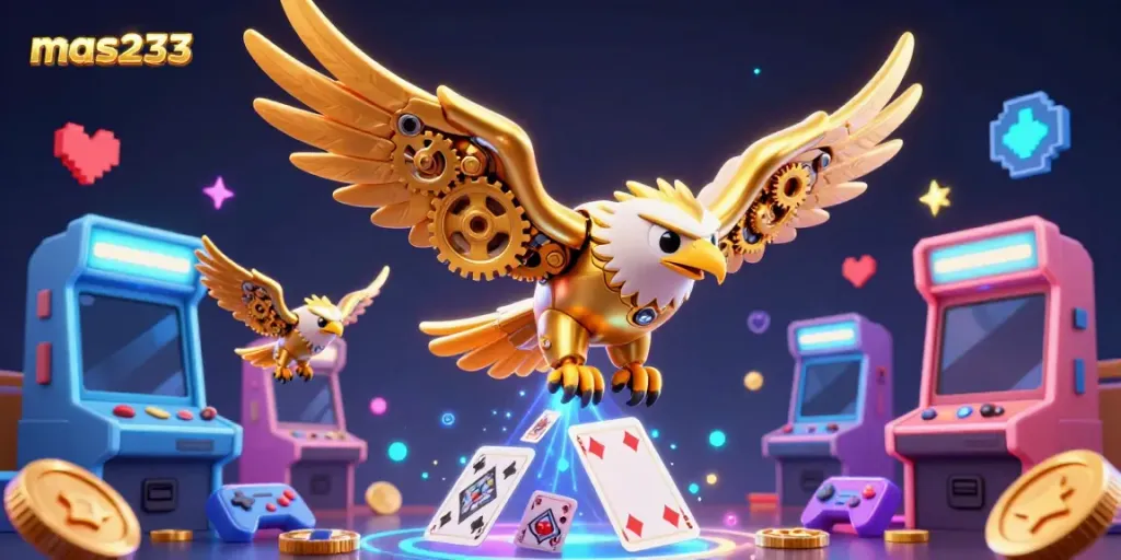 Menghadirkan pengalaman hiburan digital, mas233 menampilkan elang emas 3D terbang, dikelilingi kartu permainan holografik.