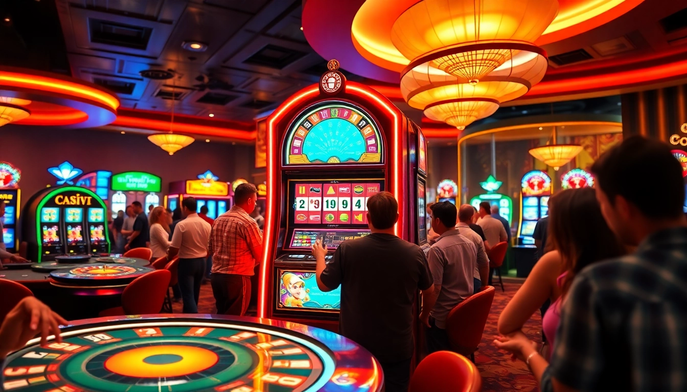 Pemain menikmati slot di kasino modern dengan berbagai mesin dan aktivitas.