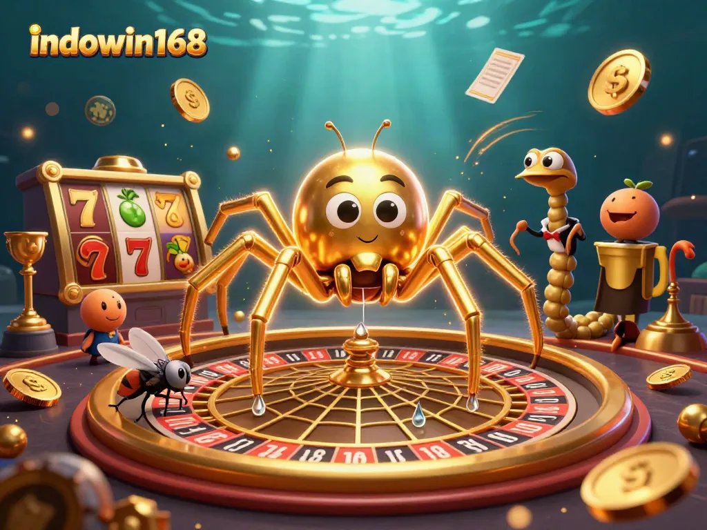 Immerse in the excitement of indowin168 with a golden spider and animated casino elements.