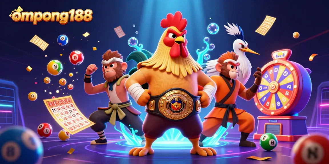 Gambar ompong188: Ayam Muay Thai berjuang di tengahakan bola lotere berwarna cerah dan kartu bingo.