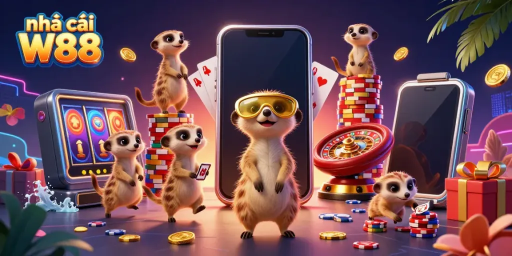 Bet on exciting casino adventures with nhà cái W88 through playful meerkats in a vibrant 3D scene.