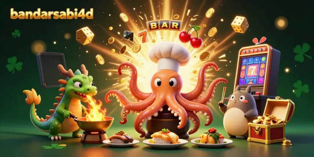 Dengan menggunakan bandarsabi4d, saksikan ilustrasi chef sushi 3D yang mempersiapkan hidangan emas, bersama naga wasabi dan pelanggan tanuki, dikelilingi slot jackpot yang sedang meledak dengan koin.