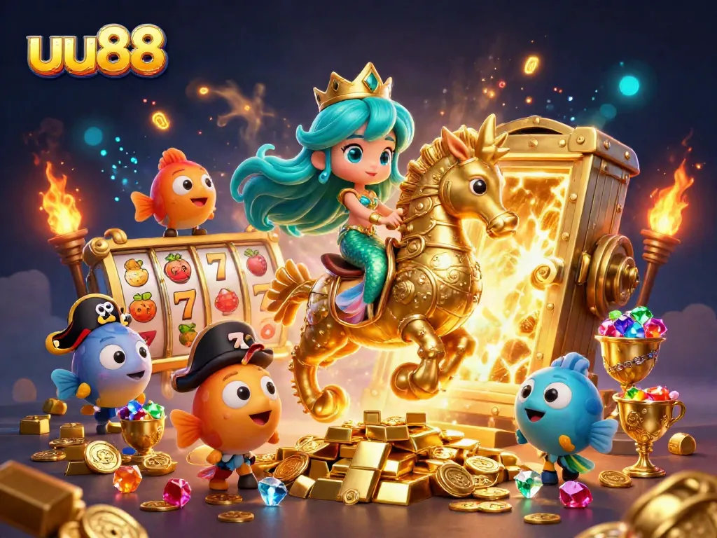 Engage with factors influencing uu88 gameplay, featuring a mermaid princess and treasure elements in a vibrant casino setting.