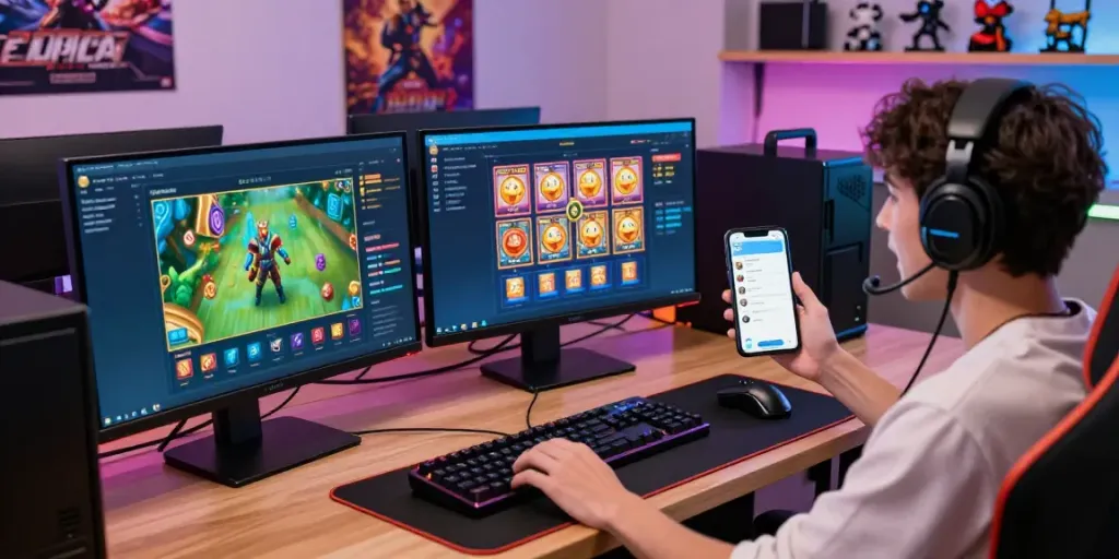 Pemain ratutogel antusias memainkan berbagai permainan slot online di meja gaming yang nyaman.