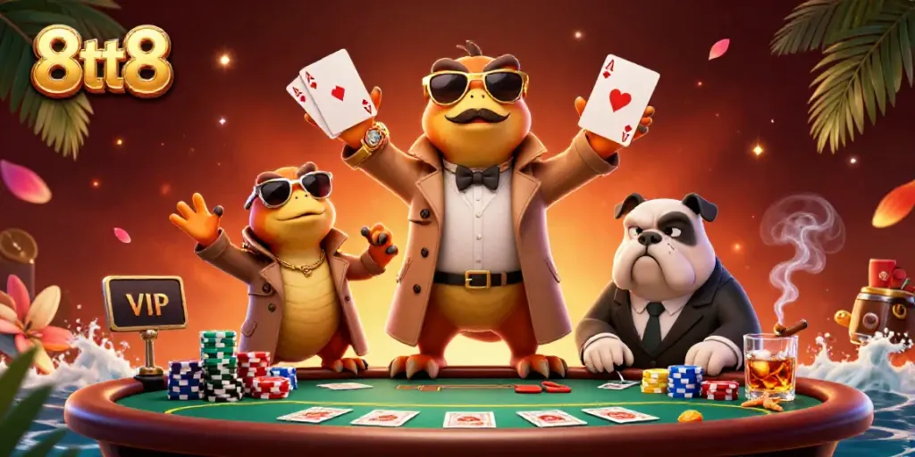 Experience 8tt8 action with raptors in a trench coat at a VIP casino, showcasing lively gambling elements.