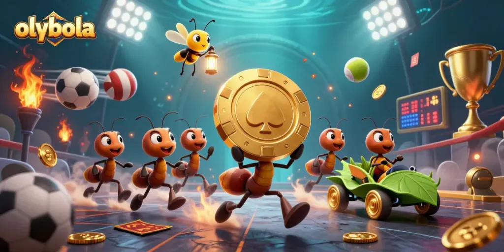 Engage with olxbola's thrilling sports betting adventure illustrated by ants and vibrant 3D elements.
