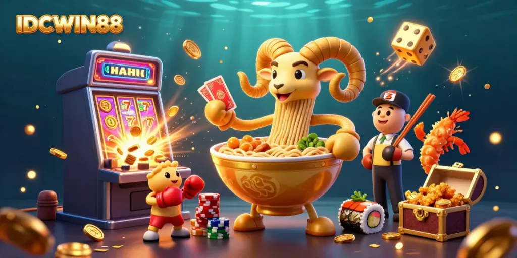 Experience excitement with IDCWIN88's dynamic casino scene featuring vibrant characters and gaming elements.
