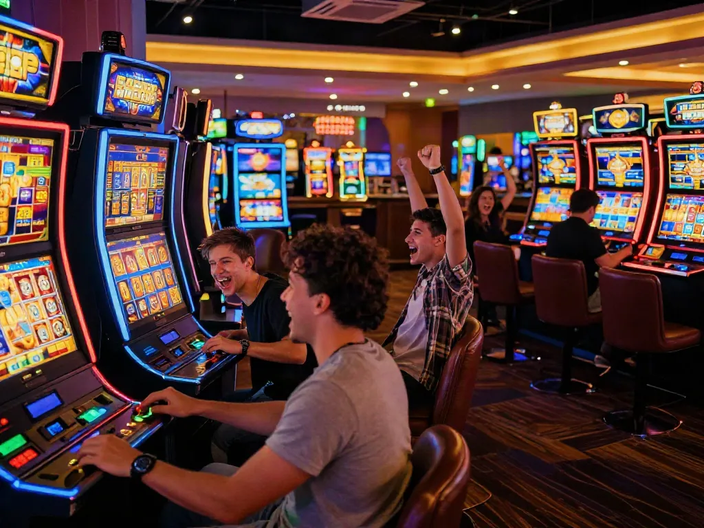 Exciting casino scene showcasing friends enjoying engaging slot games in vibrant atmosphere with colorful lights.