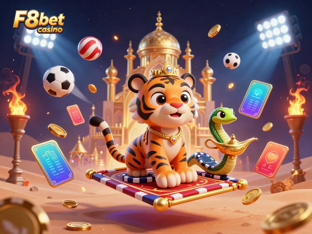 Experience thrilling challenges at F8bet casino with a vibrant, dynamic gaming scene illustrated.